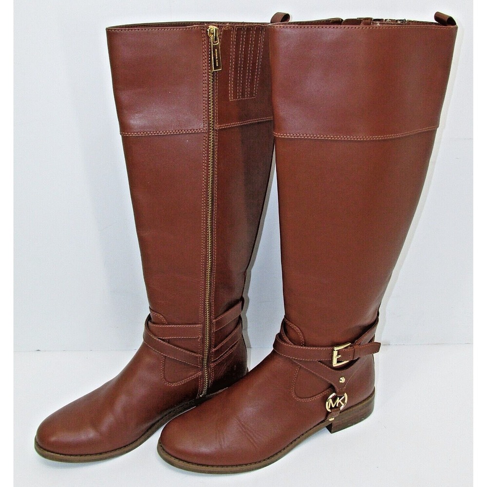 MICHAEL KORS Brown Crisscross Strap Buckle Preston Zip Leather Riding Boot 6.5 M